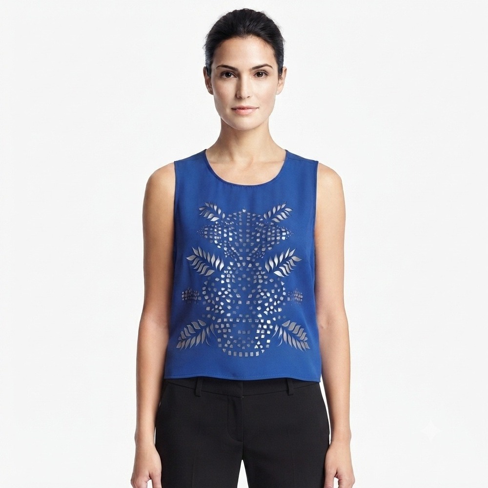 Jaclyn Smith Blouse Womens Medium Royal Blue Laser Cut Sleeveless Top